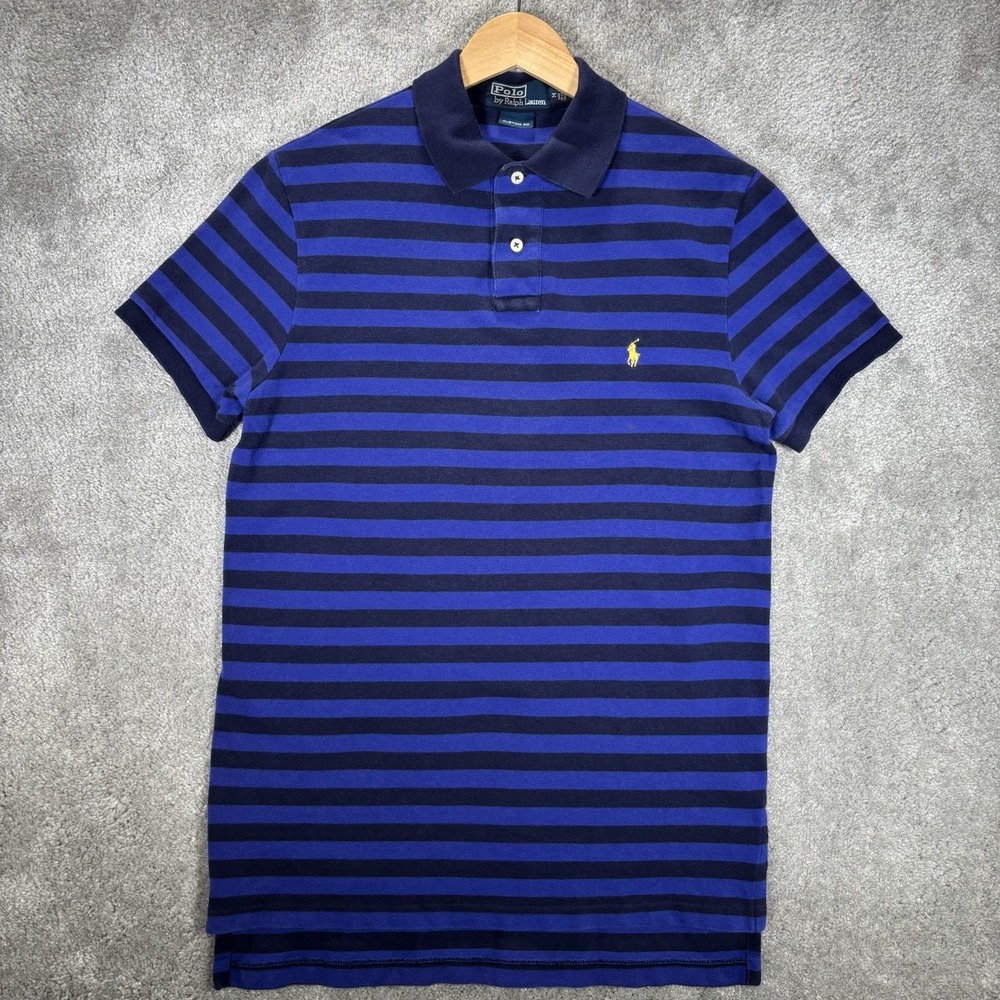 Vintage Polo Ralph Lauren Polo Shirt Mens M Blue Striped Custom Fit Logo 90s